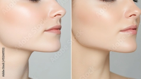 Fototapeta Before & After Jawline Enhancement: A side-by-side comparison showcasing a woman's jawline before and after a cosmetic enhancement procedure. The images highlight a more defined and sculpted jawline.