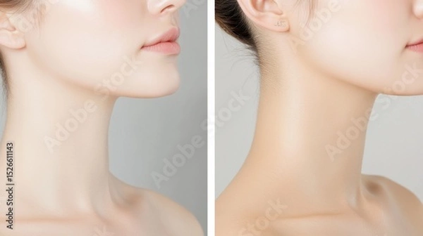 Fototapeta Beauty comparison: A before-and-after composition presents the subtle yet impactful transformation through cosmetic enhancement, showcasing the potential for refined features and enhanced beauty. 