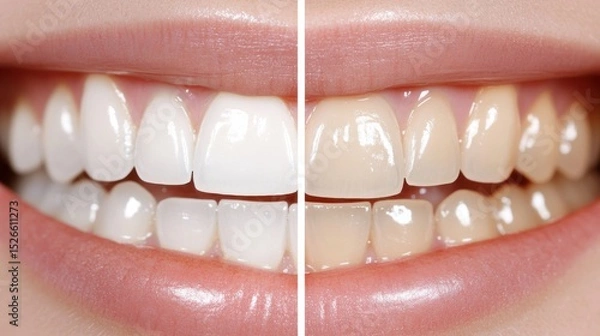 Fototapeta Shining Smile Transformation: A side-by-side comparison showcasing the dramatic impact of teeth whitening, highlighting the difference between stained and radiant smiles.