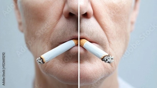 Fototapeta Smoking Cessation: A split image showing the face of a person, with a cigarette in their mouth on one side, and no cigarette on the other, illustrating the contrast between smoking and quitting.