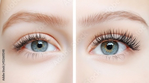 Fototapeta Eyes Transformation: A side-by-side comparison showcasing the subtle yet striking difference in eye appearance.  Enhanced lashes elevate the eyes.