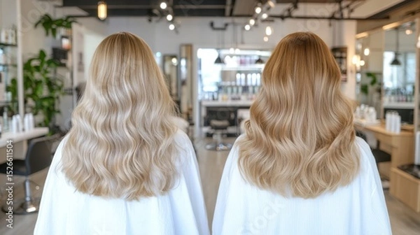 Fototapeta Hair transformation: Stunning portraits showcasing long, wavy blonde and auburn hair, reflecting the expertise of a stylist. The scene captures the artistry of hair transformation.
