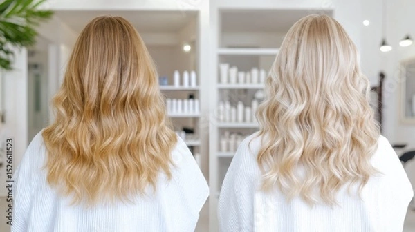 Fototapeta Hair Transformation: A captivating before-and-after perspective of hair, demonstrating an astonishing makeover achieved through professional expertise. witness a breathtaking transformation.