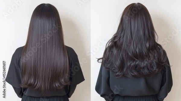 Fototapeta Hair Transformation: A visually captivating before-and-after comparison showcases sleek, straight hair morphing into voluminous waves, illustrating the transformative power of styling.