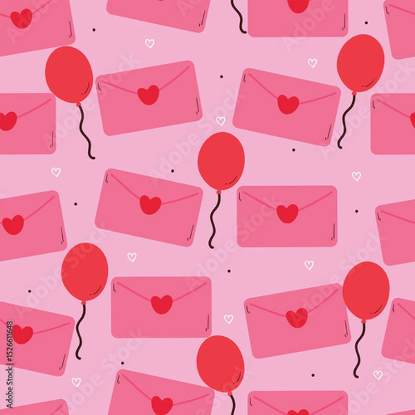 Fototapeta seamless pattern cute cartoon pink envelope and red balloon. cute valentine theme drawing for background, wallpaper and gift wrap paper