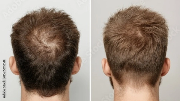 Fototapeta Hair Loss Comparison: A before-and-after of a man's scalp showing a thinning spot, with the after showing improvement