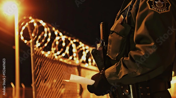 Obraz Stern uniformed border patrol officer inspecting documents at night checkpoint, security and immigration control concept for law enforcement and customs authority.