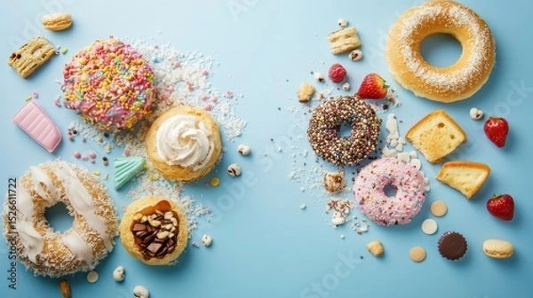 Fototapeta Sweet Delights: A mouthwatering collection of donuts and pastries artfully arranged, enticing the viewer with colorful frostings, sprinkles, and delectable treats. 