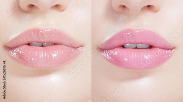 Fototapeta Glossy Lips in Focus: An up-close study on two pairs of luscious, gloss-adorned lips, exhibiting a radiant, healthy, and captivating appearance.
