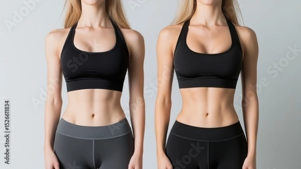 Fototapeta Body Transformation: Two female athletes showcase a before-and-after transformation, highlighting the results of dedication, discipline, and a healthy fitness journey.