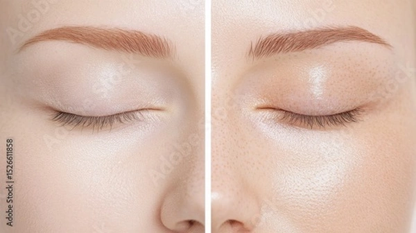 Fototapeta Skincare Transformation: A split image showcasing the striking contrast of a clean, makeup-free complexion against a radiant, treated visage, emphasizing the benefits of skincare.