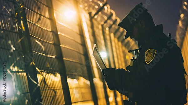Fototapeta Stern uniformed border patrol officer inspecting documents at night checkpoint, security and immigration control concept for law enforcement and customs authority.