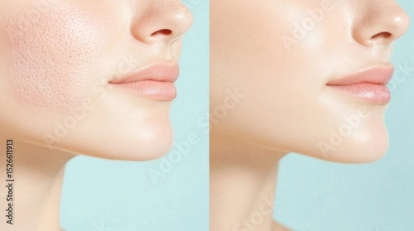 Fototapeta Skincare Transformation: A side-by-side comparison showcases the remarkable effects of skincare, with a before-and-after view of enhanced skin texture, highlighting a journey to radiance and health.