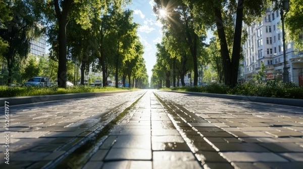 Fototapeta Urban Pathway: A tranquil cityscape scene unfolds along a brick-paved pathway lined by towering trees, creating a sun-dappled, serene avenue for contemplation and exploration.
