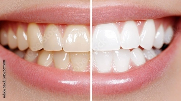 Fototapeta Smiling Transformation: A striking split-screen comparison showcases the before-and-after of teeth whitening, revealing a radiant and confident smile after treatment.