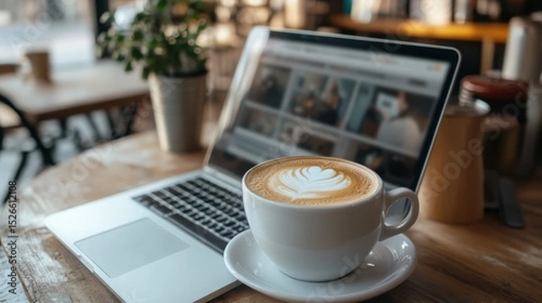 Fototapeta Coffee and Laptop Serenity: A beautifully crafted cappuccino with intricate latte art sits gracefully beside an open laptop on a rustic wooden table, with a potted plant in the background.