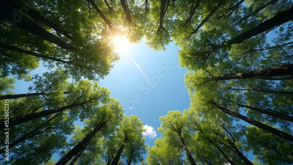 Obraz looking up through trees sky. forest canopy view. nature perspective from below. ultra realistic tree circle visualization.
