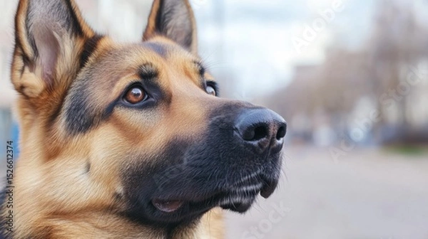 Fototapeta Noble German Shepherd: Close-up of an alert german shepherd showcasing its noble stance, intelligent eyes, and distinctive black and tan markings, embodying loyalty and grace.