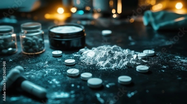 Fototapeta Forbidden Substances: A stark, close-up depiction of illicit substances, including powders, pills, and containers, artfully arranged on a dark surface.