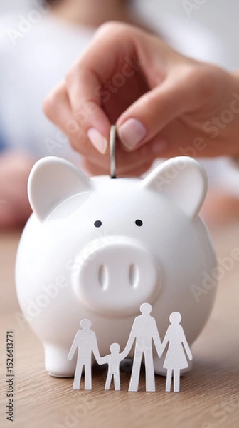 Fototapeta Family saving money by putting coin into white piggy bank, symbolizing budget planning and financial security for future