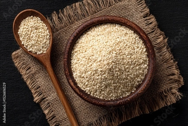 Fototapeta Sesame seeds in a wooden bowl and spoon on a burlap cloth background