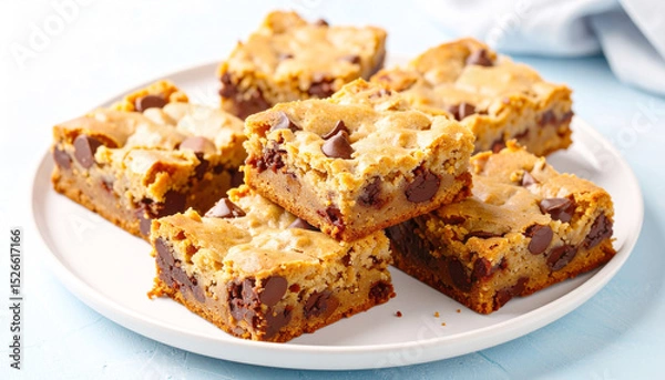 Fototapeta Chocolate chip blondie cut into squares. AI