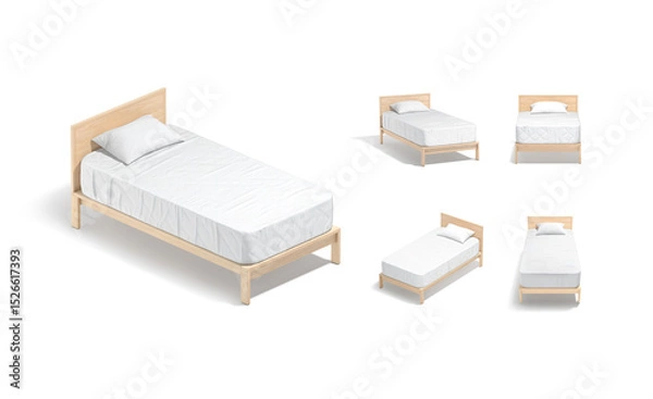 Fototapeta Blank wooden single bed with white bedding mockup, different views