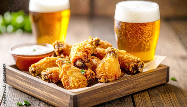 Fototapeta Deep-fried chicken wings and beer, pub style. AI