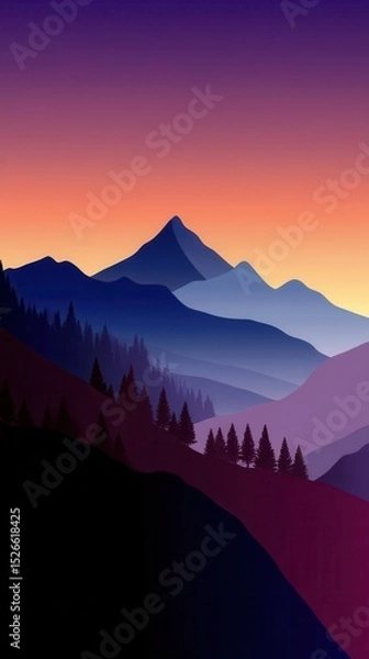Obraz Abstract landscape depicting mountains and forest at sunset with vibrant color palette