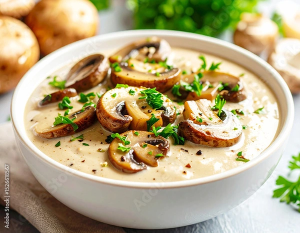 Fototapeta Creamy mushroom gravy with sliced mushrooms. AI