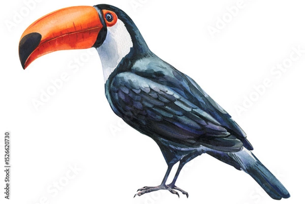 Obraz Watercolor toucan bird illustration, tropical exotic animal with bright orange beak, hand-painted wildlife art isolated on white