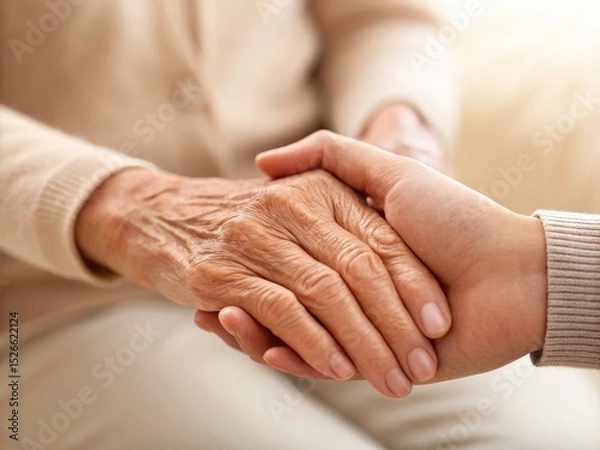 Fototapeta An elderly hand is gently held by a younger hand, symbolizing care, support, and compassion between generations.