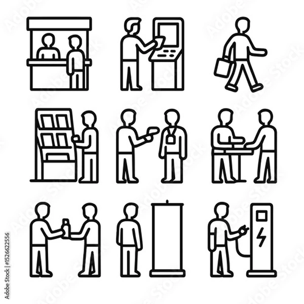 Fototapeta Trade Show Icons. Outline icon set of trade show visitors: exhibitor booth, demo kiosk, swag bag, badge scanner, brochure rack,