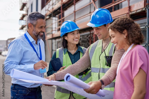 Fototapeta Smiling architects and happy engineers on construction site