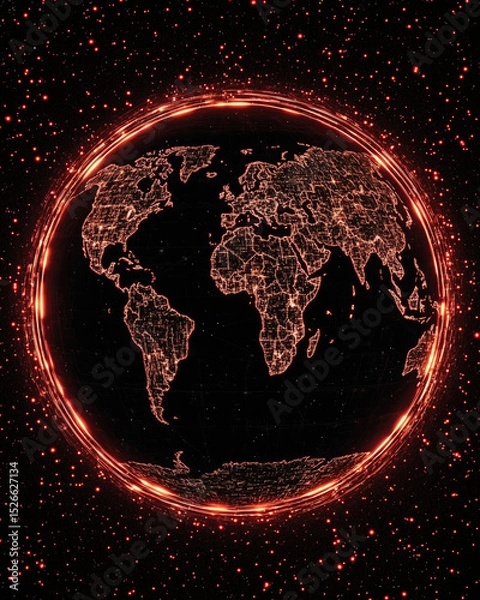 Fototapeta Glowing globe with intricate map details, surrounded by vibrant cosmic background, representing global connectivity and technology
