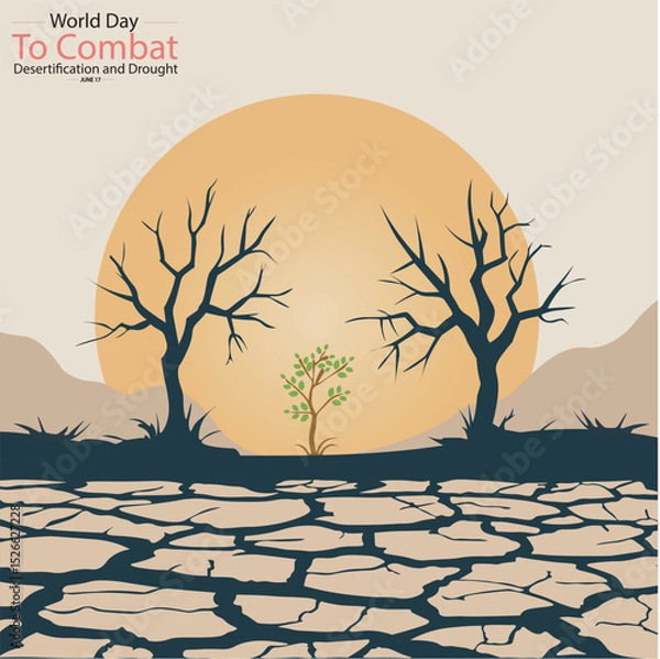 Fototapeta Minimalist silhouette vector for World Day to Combat Desertification and Drought, featuring dry trees and cracked earth to raise awareness of land degradation. bright sun , lone sprout,hope