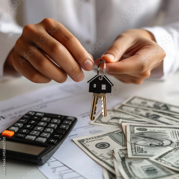 Fototapeta A high-quality, ultra-detailed image of a person wearing a white button-up shirt, holding a set of house keys with a small black house-shaped keychain in one hand.