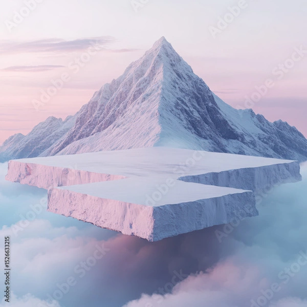Fototapeta A high-quality, ultra-detailed surreal image of a majestic snow-covered mountain peak, emerging vertically through two clean, horizontal, floating slabs or platforms. High quality photo