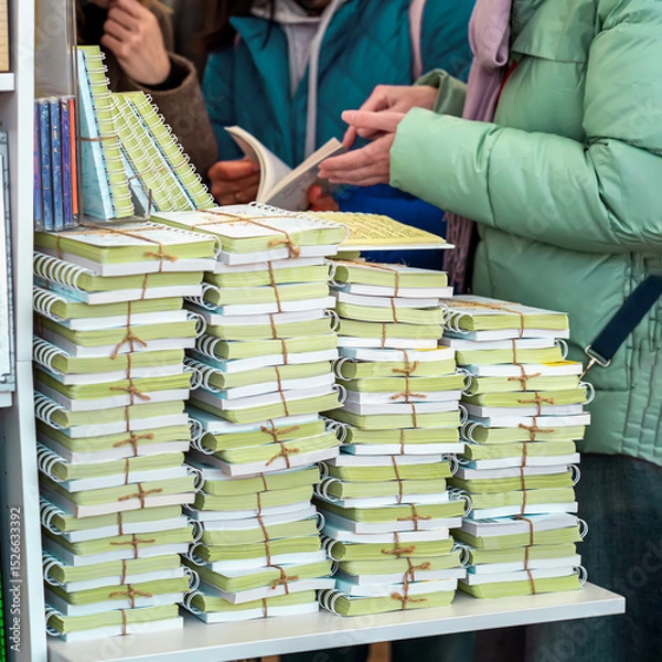 Fototapeta Young women and table with stack of books. Tall piles of various books stacked together in indoor store setting. Concept of books, literature abundance, choice overload and printed knowledge