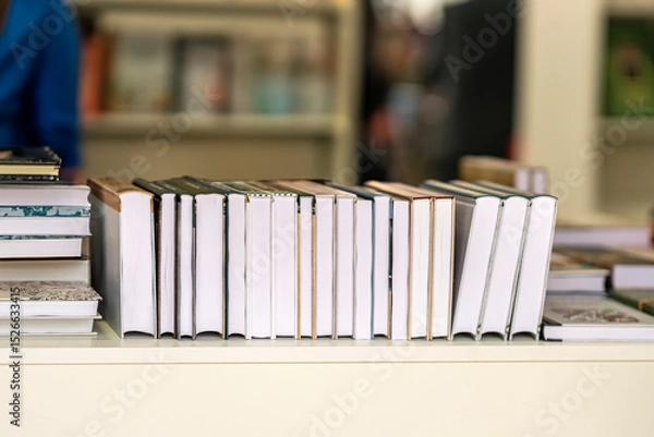 Fototapeta Stack of hardcover books lined up on white shelf in bookstore environment. Concept of books, reading habits, literature, publishing
