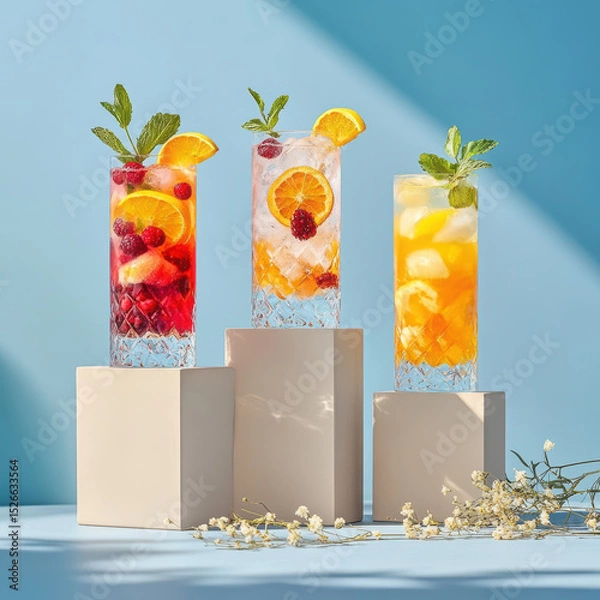 Fototapeta A clean, high-resolution studio photo of three colorful summer drinks in tall, faceted glass tumblers, placed on minimalist beige pedestals of varying heights. High quality photo