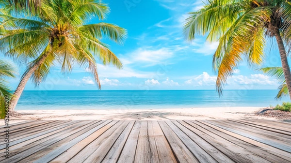 Fototapeta A stunning image of wooden deck, podium on tropical beach with palm trees and blue sky background