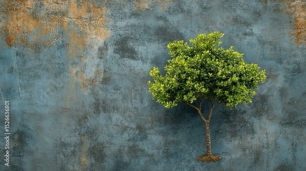 Fototapeta Un albero di foglie verdi contro un muro, con ampio spazio per il testo per promuovere il rispetto dell'ambiente