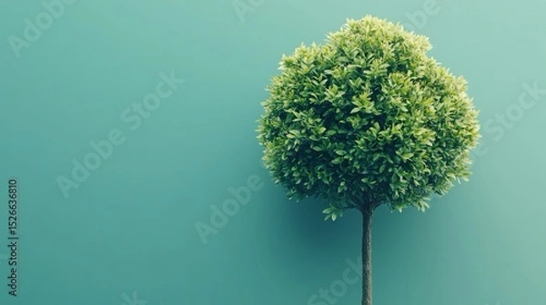 Fototapeta Un albero rigoglioso, con un tronco sottile e una chioma folta di foglie. Sfondo verde con ampio spazio per personalizzare il testo