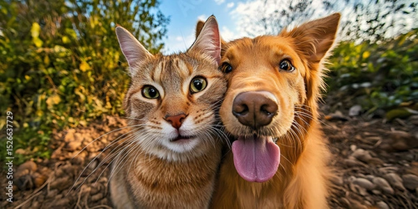 Obraz cat and dog posing together, ai generated.
