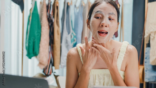 Fototapeta Young beautiful Asia lady vlogger looking at camera record her daily tutorial apply mask sheet put on face show follower review product recommend live streaming at home. Business online media concept.