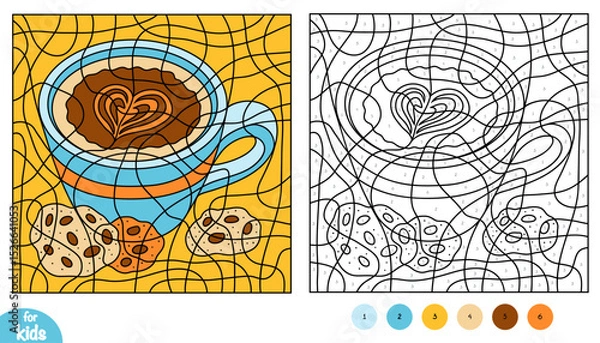 Fototapeta Color by number, education game for children, A cup of coffee with cookies.