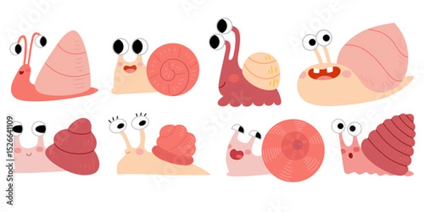Fototapeta Set of cute cartoon snails with expressive faces and colorful shells. Kawaii-style vector characters . Flat style illustration, isolated on white background.