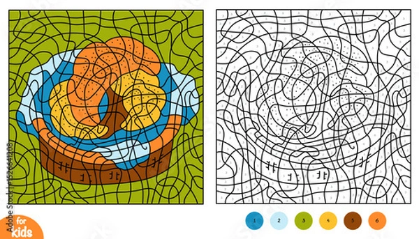 Fototapeta Color by number, education game for children, croissants in a basket