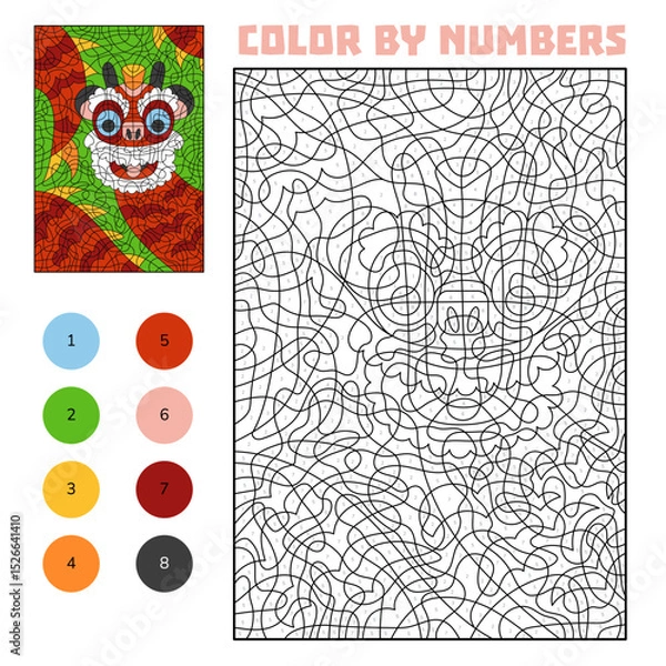 Fototapeta Color by number worksheet with a traditional Chinese dragon. Fun Lunar New Year activity for kids. Printable educational game with numbers